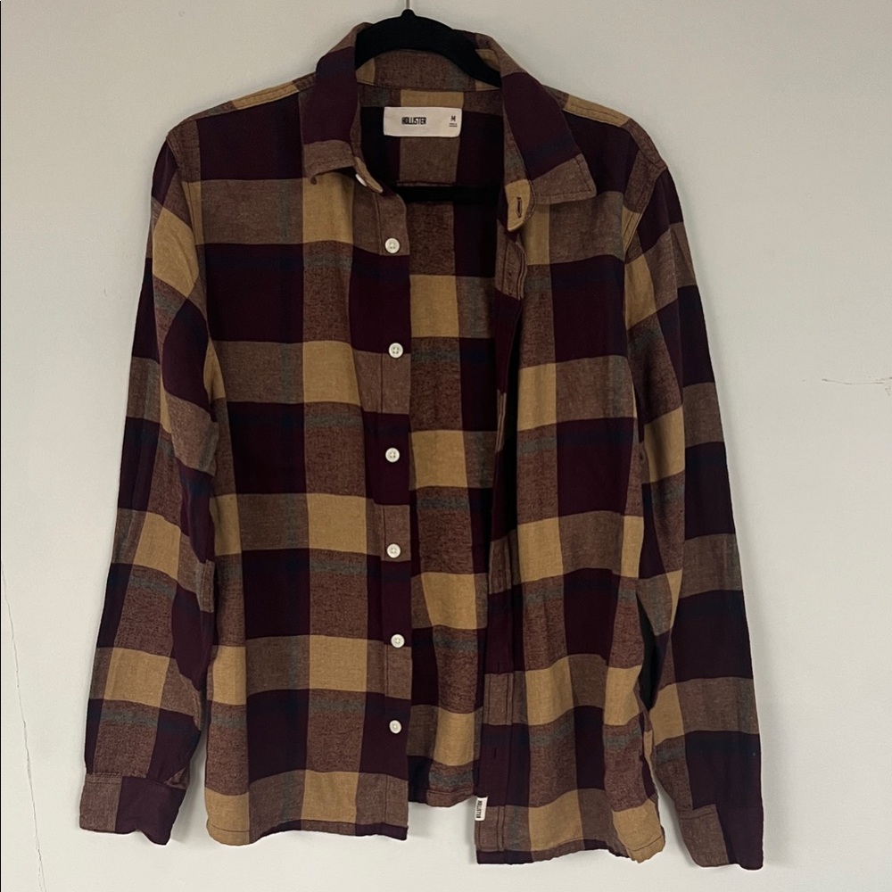 HOLLISTER Men’s MEDIUM Plaid Shirt - Burgundy and Tan button down